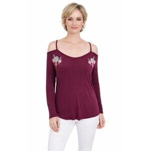 Pink Rose Off Shoulder SZ L NWT Deep Burgundy Red Floral Embroidered Knit Top